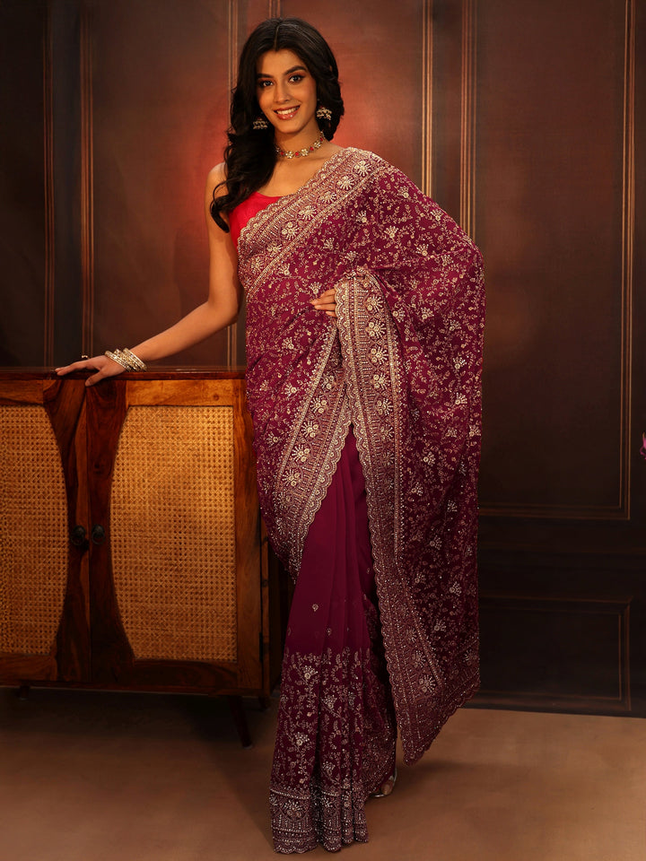 Libas Art Magenta Pink Floral Embroidered Georgette Saree
