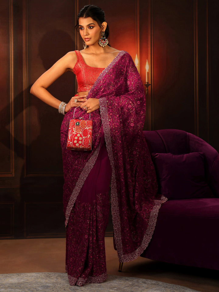Libas Art Magenta Pink Floral Embroidered Georgette Saree