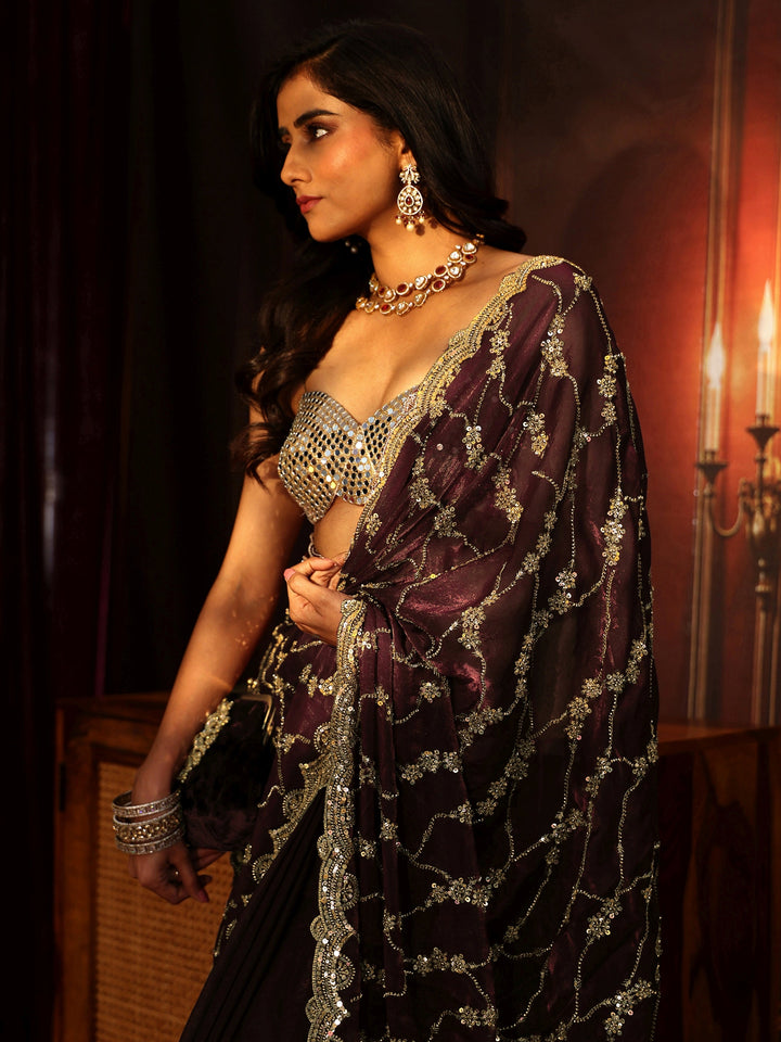 Libas Art Maroon Embellished Tissue Saree