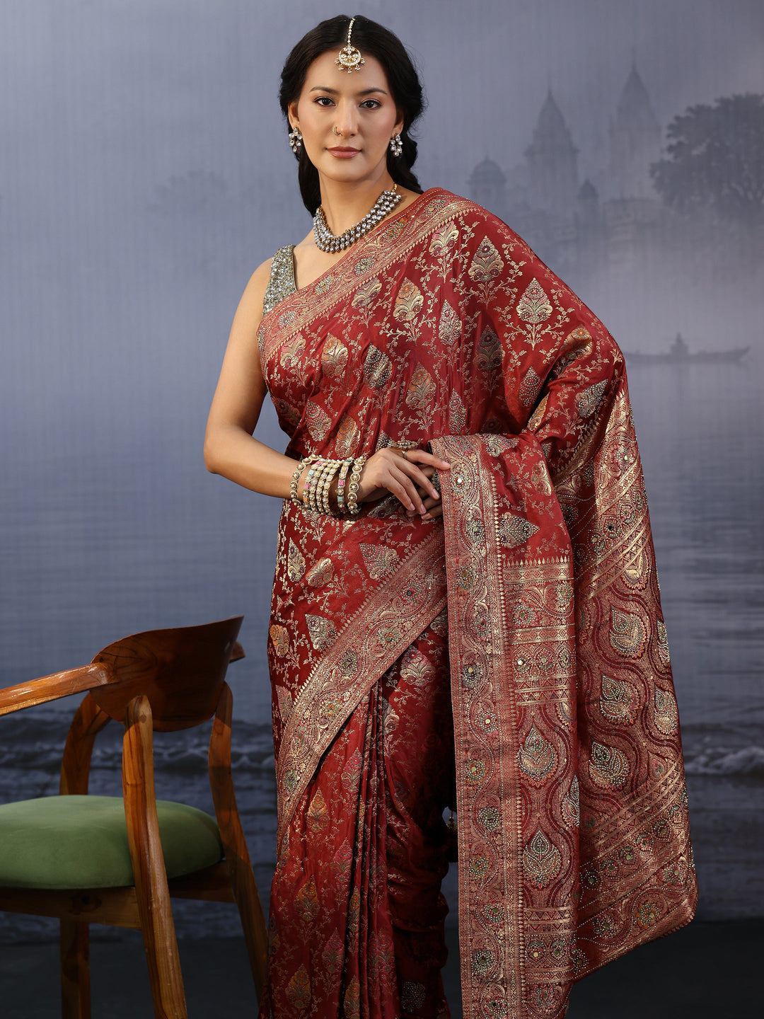 Libas Art Maroon Ethnic Woven Design Stone Work Satin Saree