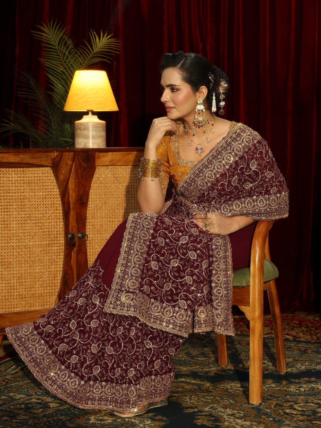Libas Art Maroon Floral Embellished Georgette Saree