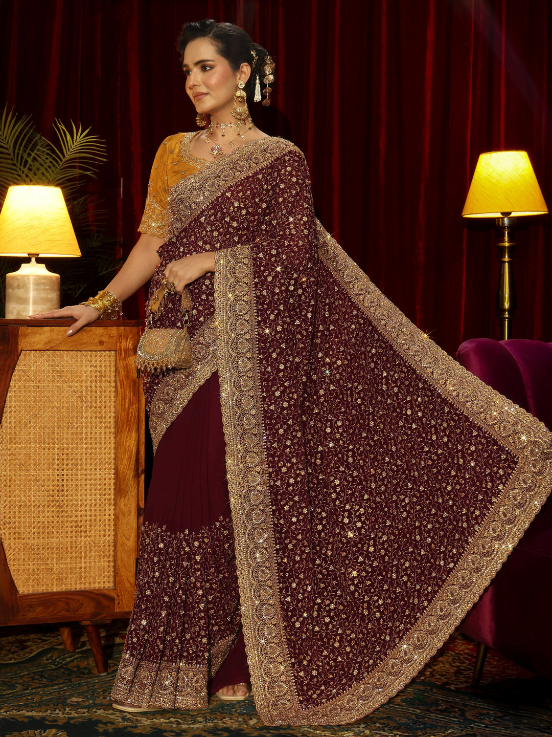 Libas Art Maroon Floral Embellished Georgette Saree