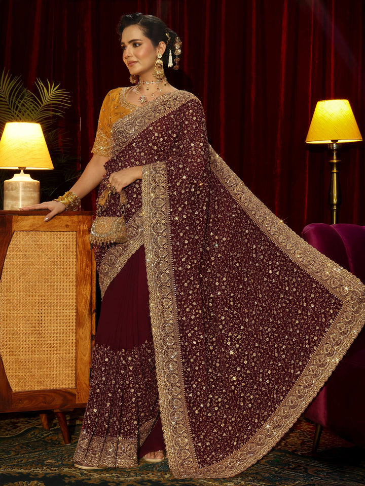 Libas Art Maroon Floral Embellished Georgette Saree
