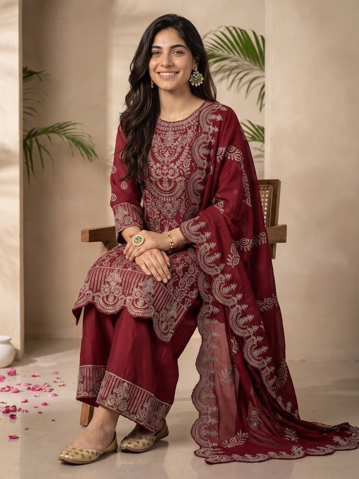 Libas Art Maroon Floral Embroidered Chinon Palazzo Suit Set