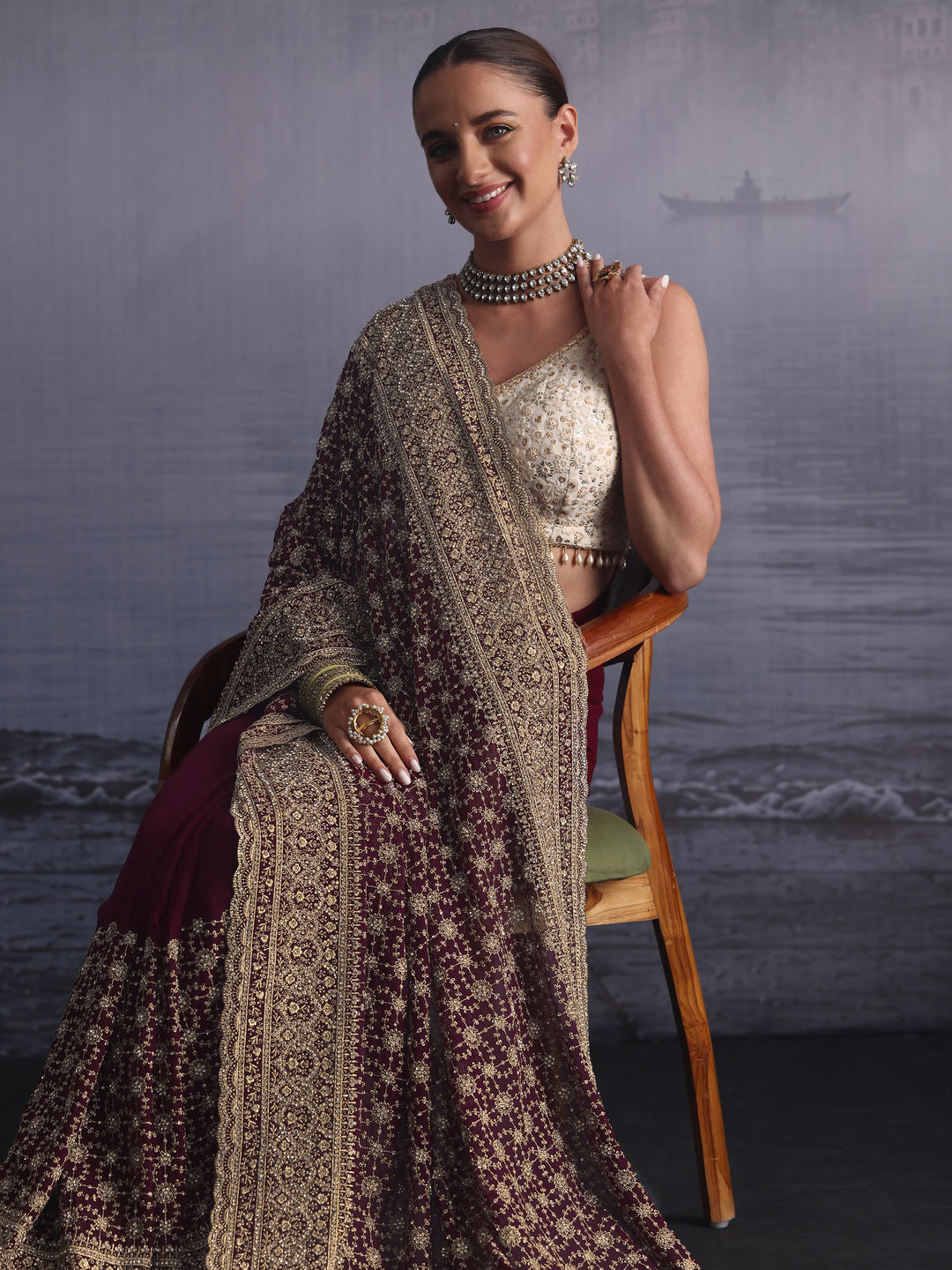 Libas Art Maroon Floral Embroidered Georgette Saree with Stone Work