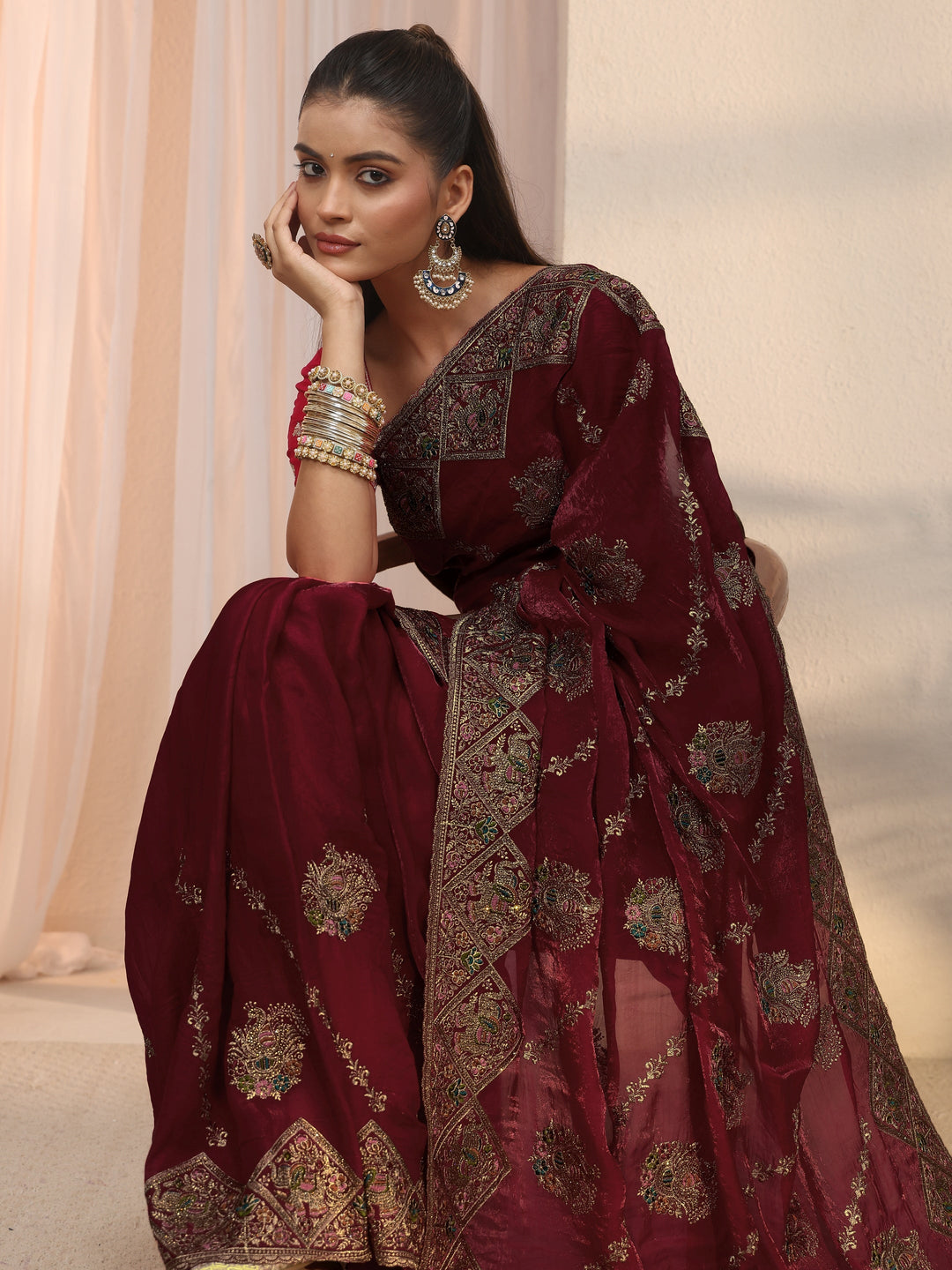 Libas Art Maroon Peacock Embroidered Tissue Saree