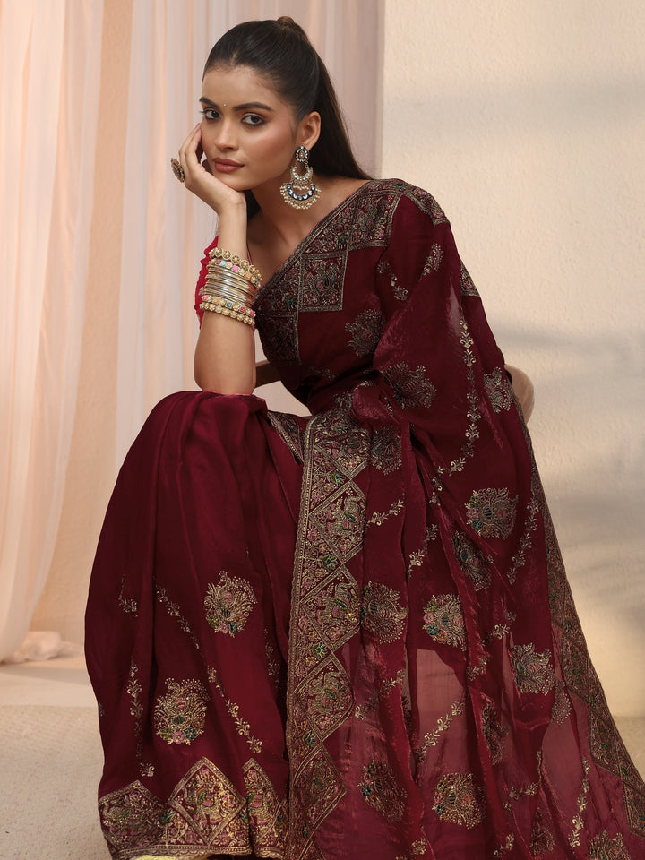 Libas Art Maroon Peacock Embroidered Tissue Saree
