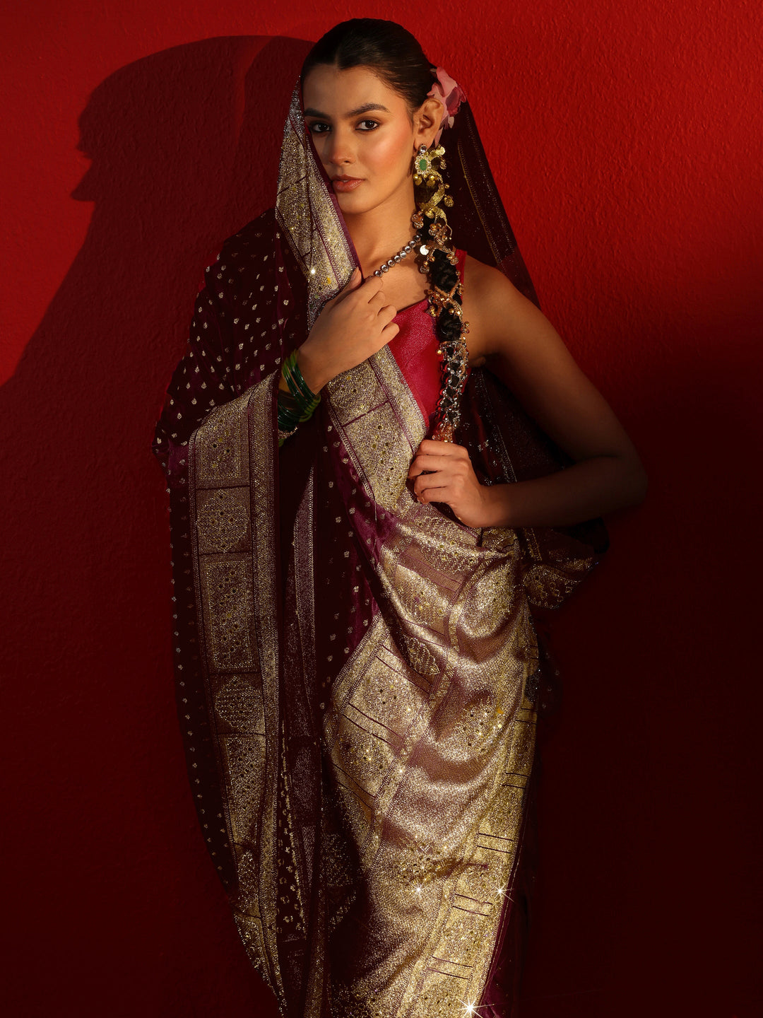 Libas Art Maroon Woven Design Satin Saree with Embellished Border