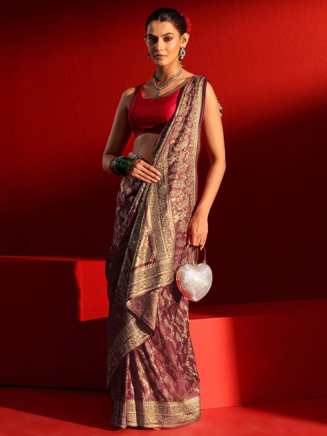 Libas Art Maroon Woven Design Silk Blend Saree with Embellished Border