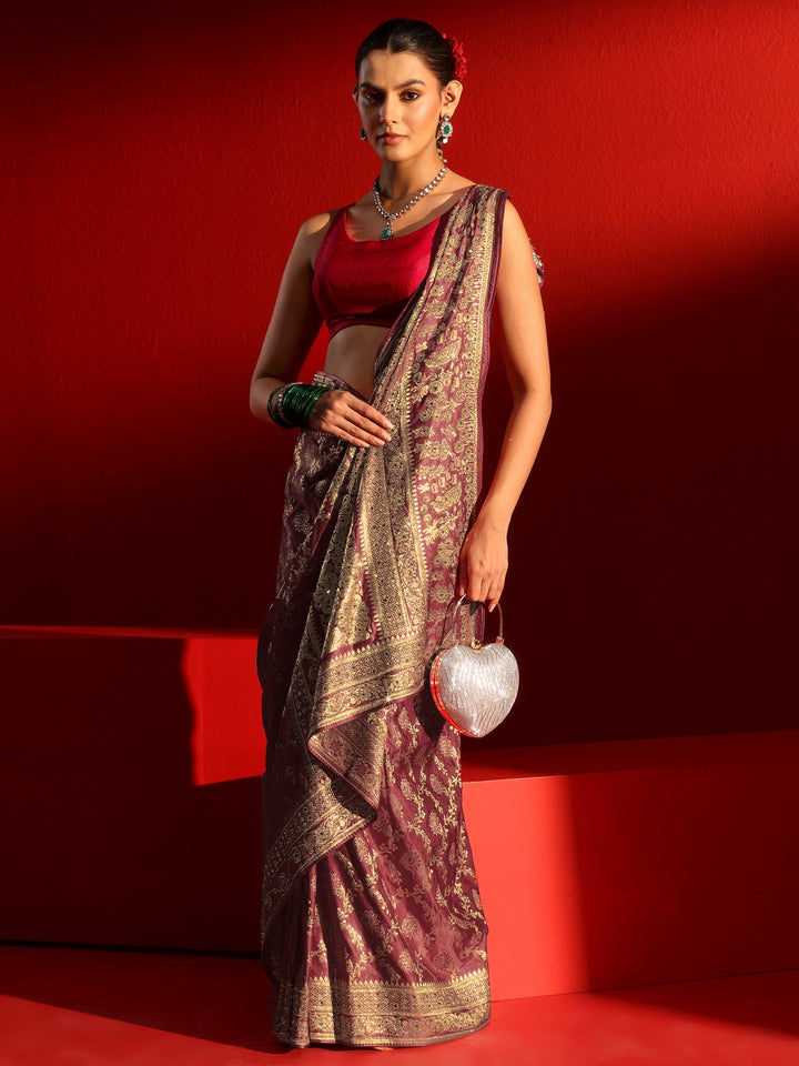 Libas Art Maroon Woven Design Silk Blend Saree with Embellished Border