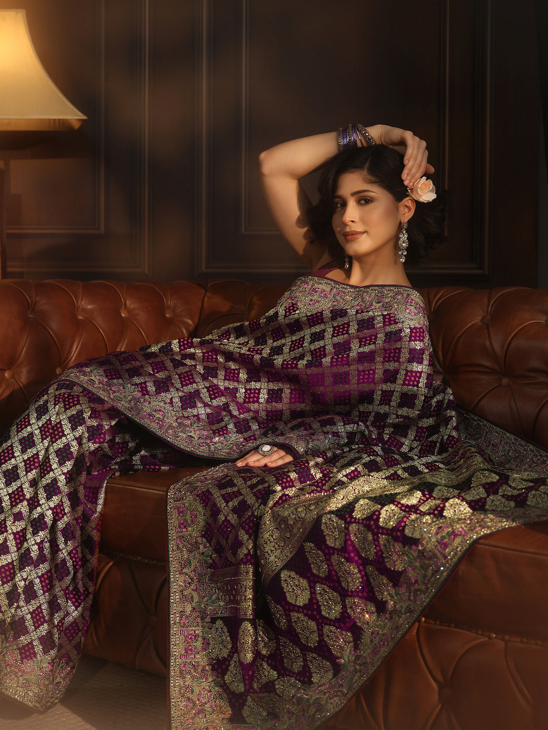 Libas Art Maroon Woven Design Silk Blend Saree with Embroidered Border