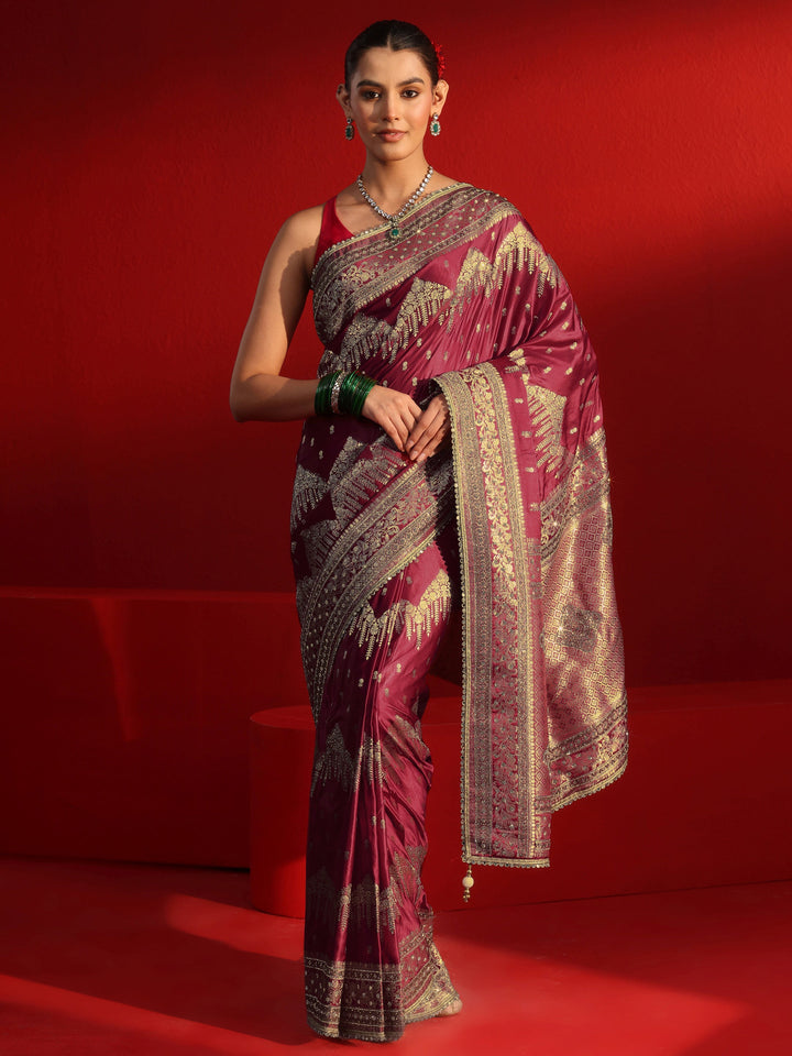 Libas Art Maroon Woven Design Stone Work Satin Saree