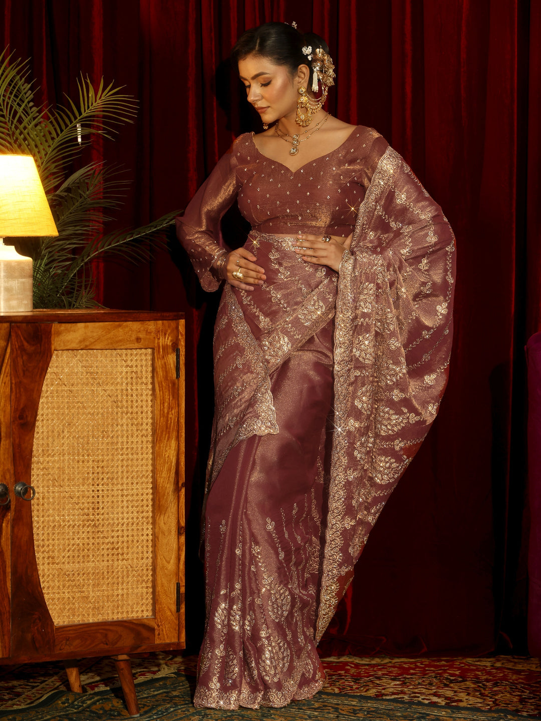 Libas Art Mauve Embroidered Tissue Saree