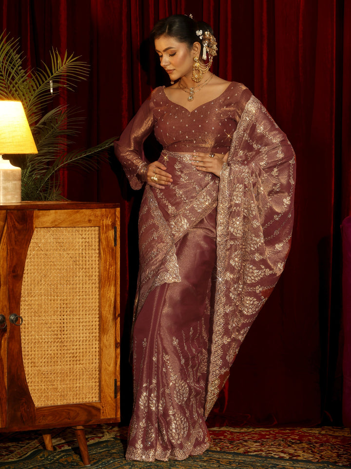 Libas Art Mauve Embroidered Tissue Saree