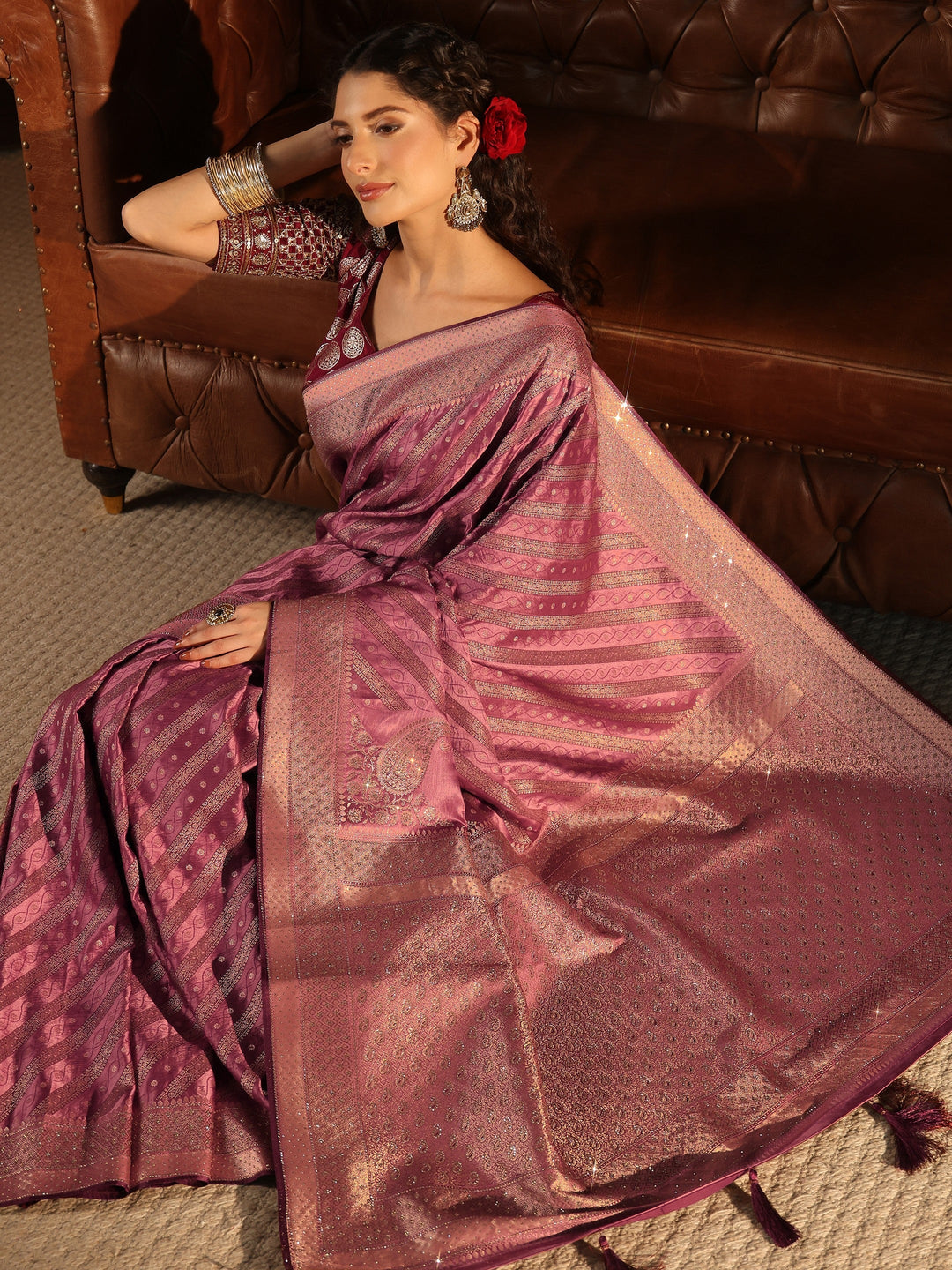Libas Art Mauve Ethnic Striped Satin Saree with Stone Work
