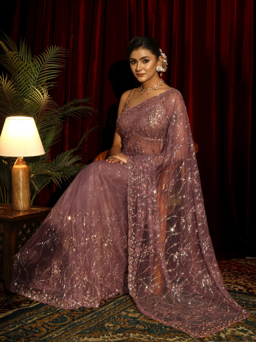 Libas Art Mauve Floral Embellished Net Saree