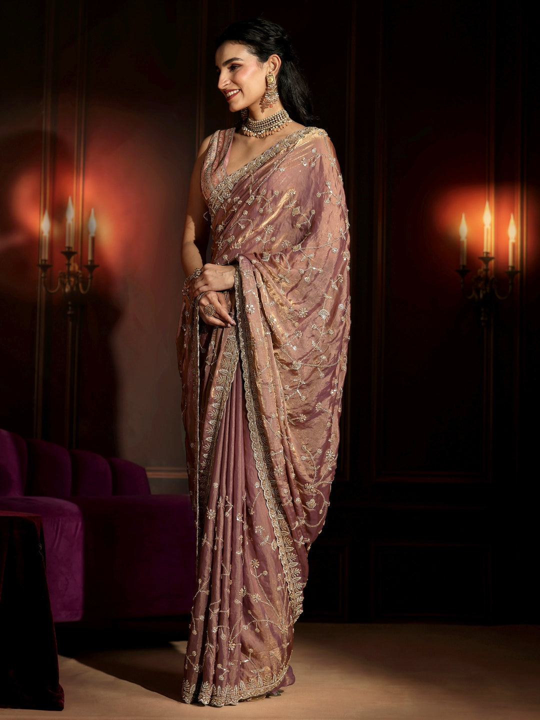 Libas Art Mauve Floral Embellished Tissue Saree