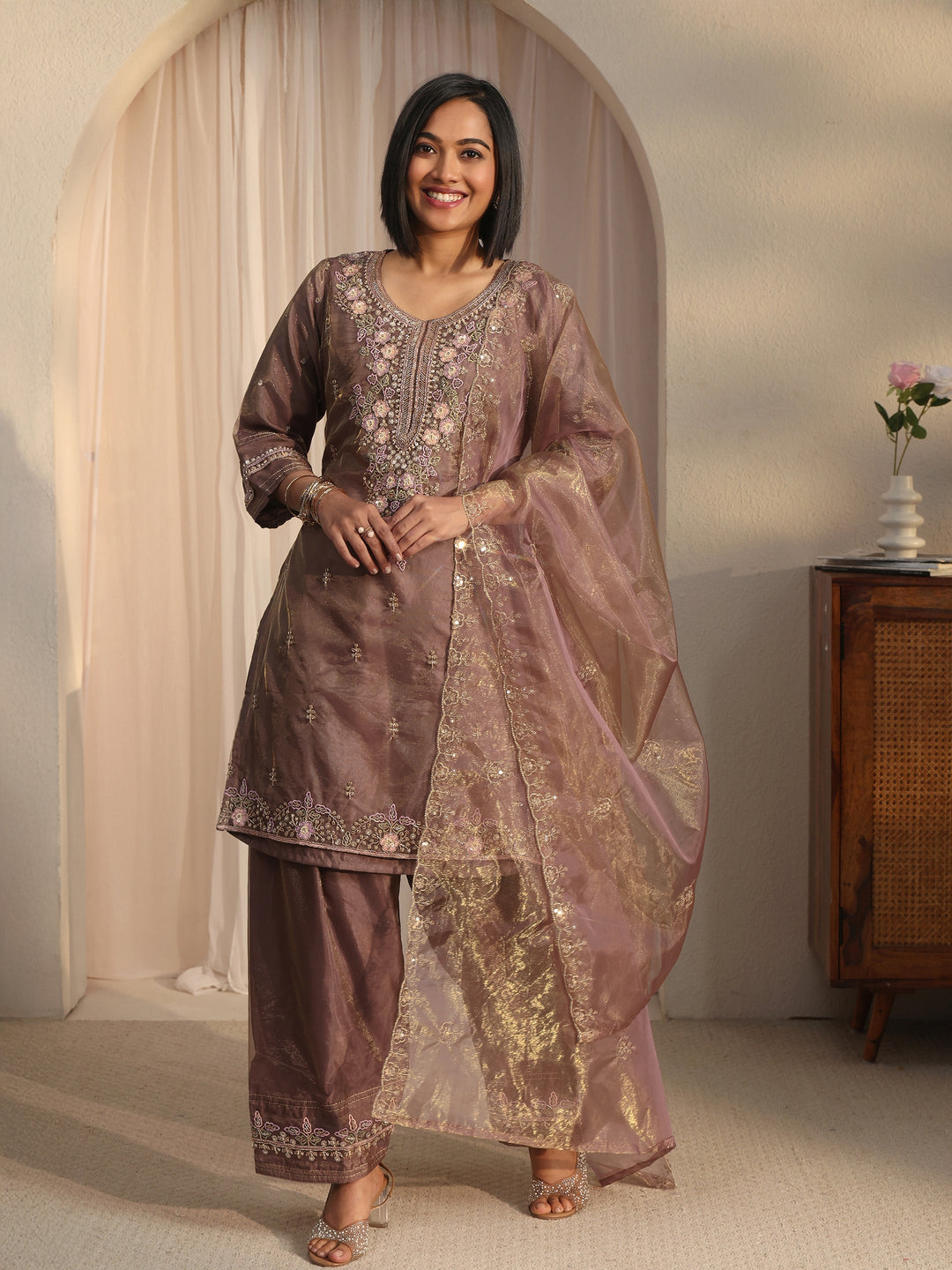 Libas Art Mauve Floral Embroidered Organza Farshi Salwar Suit