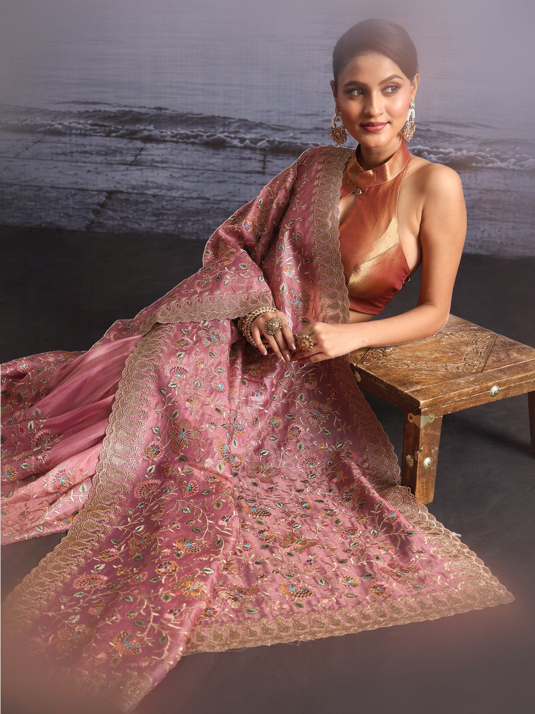 Libas Art Mauve Floral Embroidered Stone Work Net Saree
