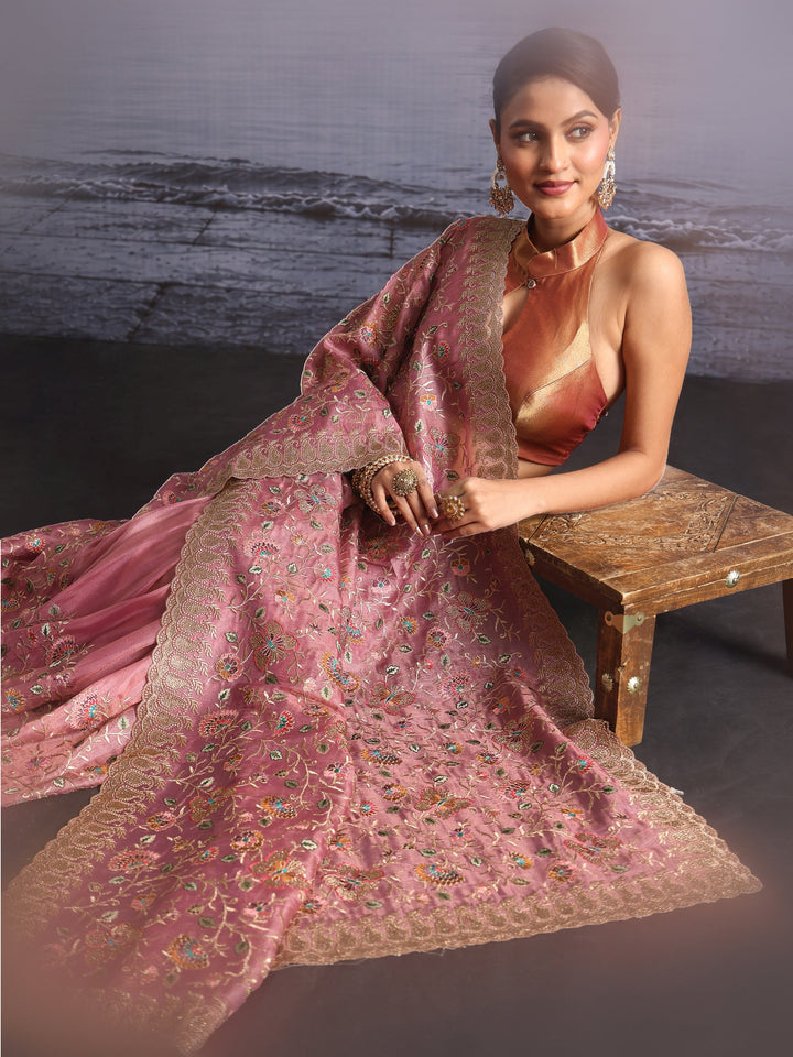 Libas Art Mauve Floral Embroidered Stone Work Net Saree