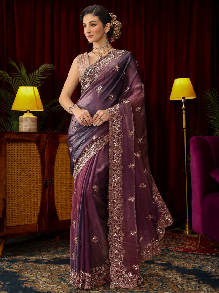Libas Art Mauve Floral Sequin Embellished Tissue Saree
