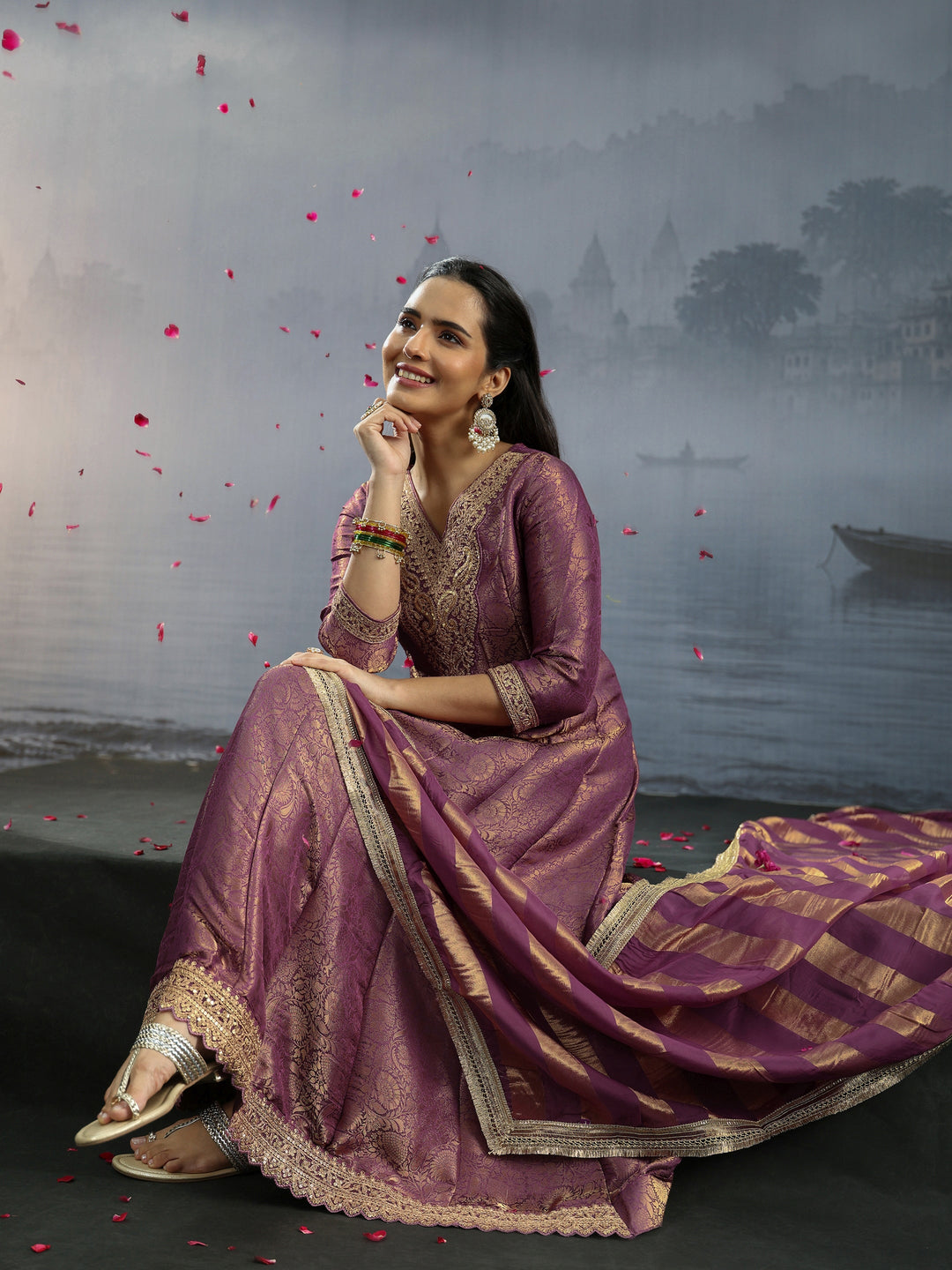 Libas Art Mauve Floral Woven Design Silk Blend A-Line Suit Set