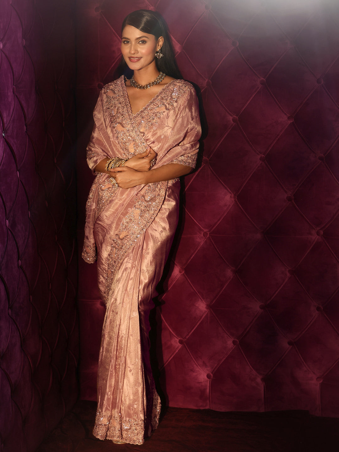 Libas Art Mauve Floral Woven Design Silk Blend Saree with Embellished Border