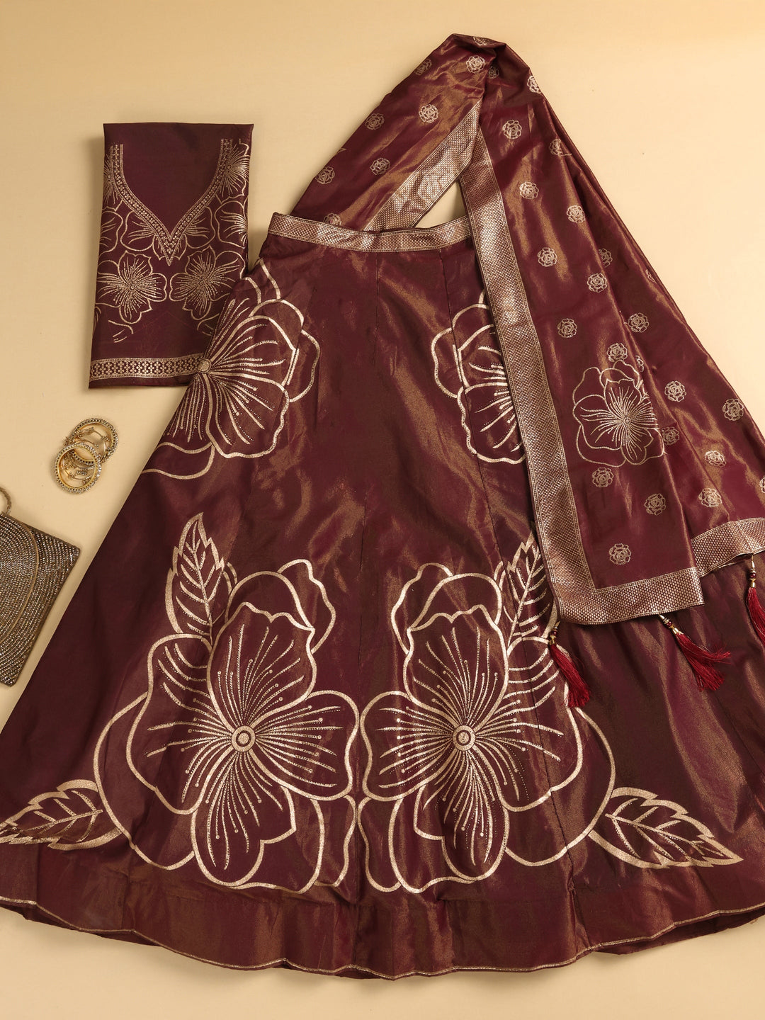 Libas Art Mauve Floral Woven Design Silk Blend Semi-Stitched Lehenga Choli