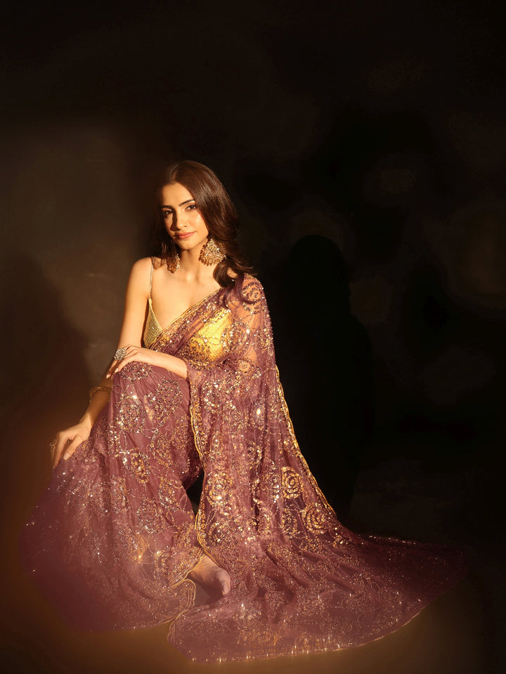 Libas Art Mauve Sequinned Rosette Design Net Saree