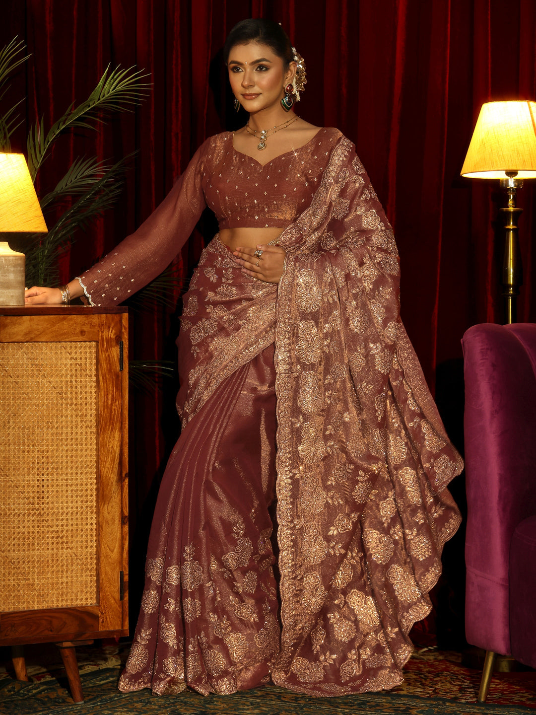 Libas Art Mauve Stone Work Embellished Tissue Saree