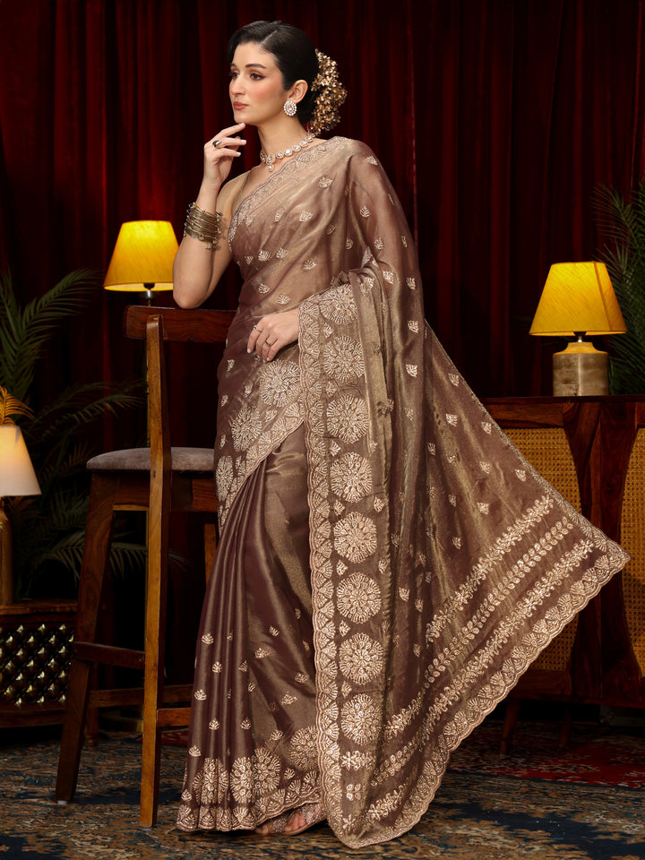 Libas Art Mauve Stone Work Embellished Tissue Saree