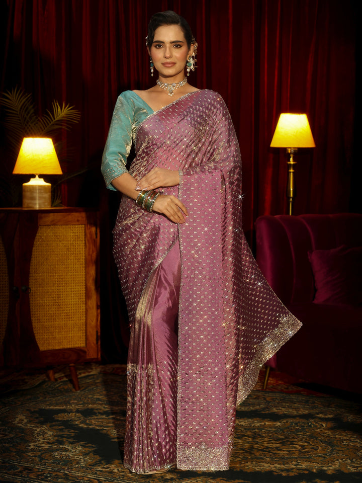 Libas Art Mauve Stone Work Embellished Tissue Saree