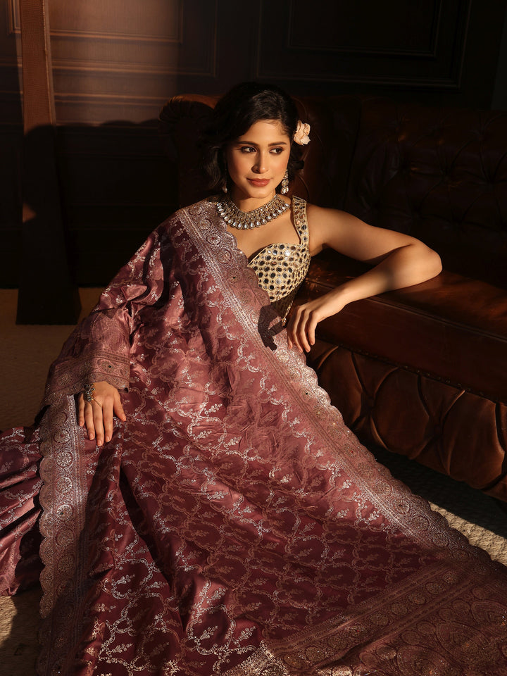 Libas Art Mauve Woven Design Satin Saree with Scalloped Border