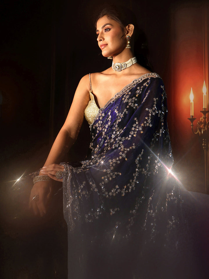 Libas Art Midnight Blue Embellished Tissue Saree