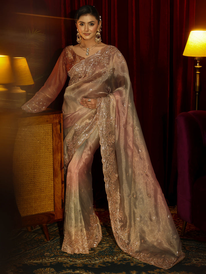 Libas Art Multi Coloured Sequin Embellished Tissue Saree