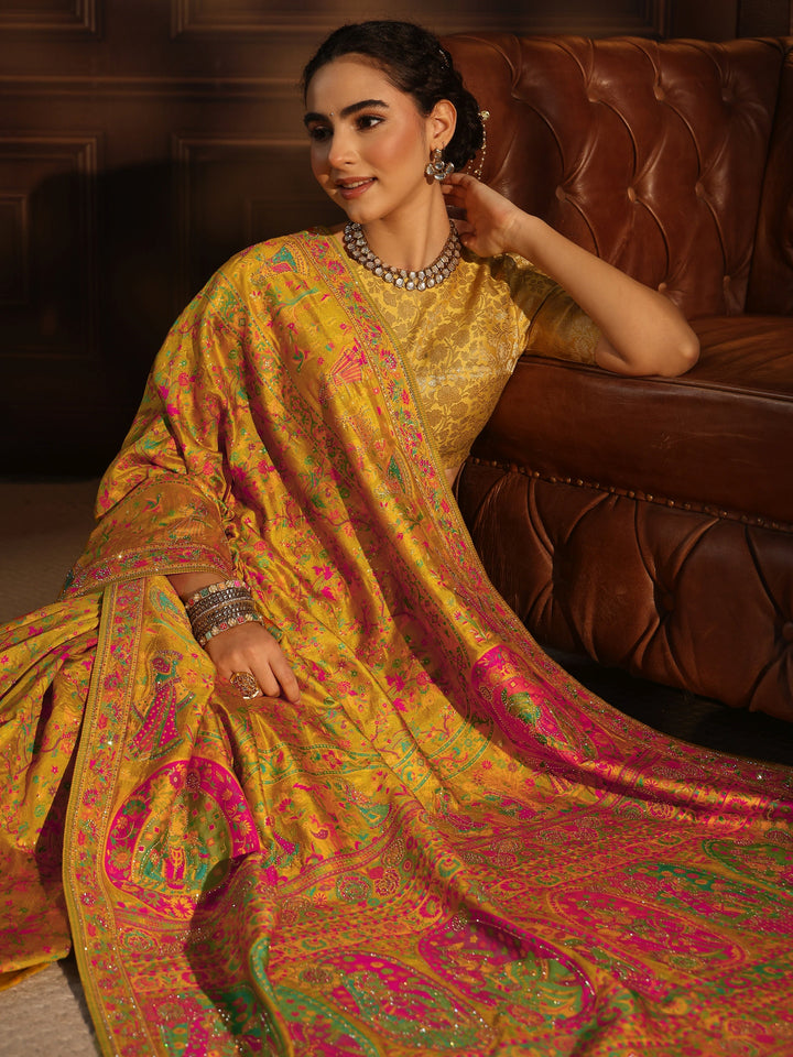 Libas Art Mustard Embellished Mughal Design Silk Blend Saree