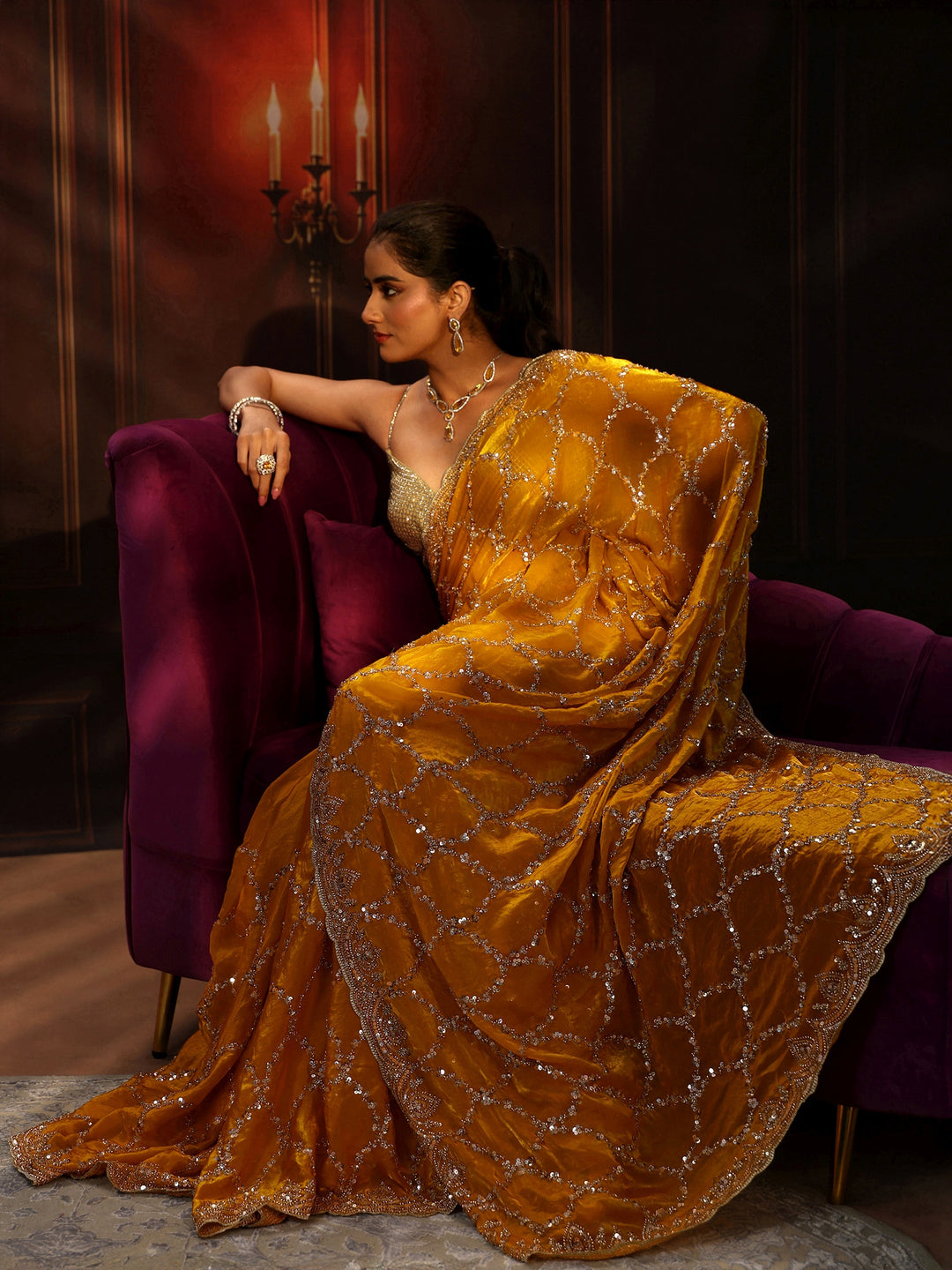 Libas Art Mustard Embellished Tissue Saree