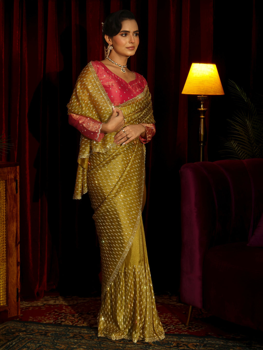 Libas Art Mustard Embellished Tissue Saree