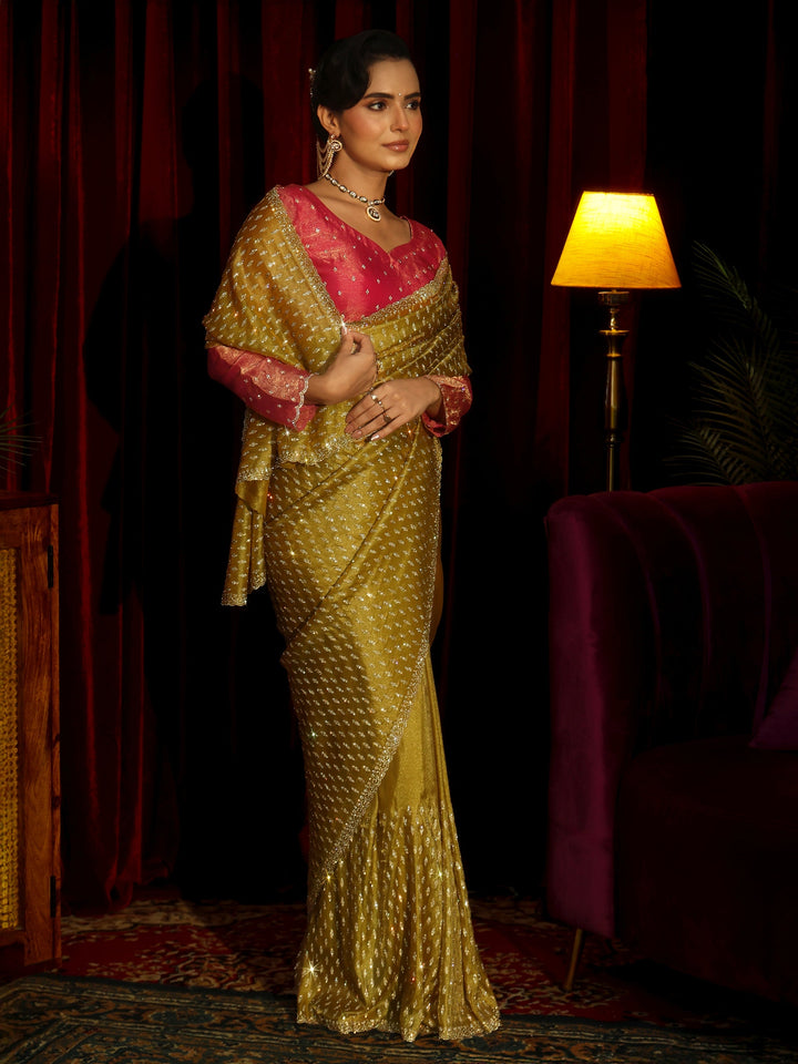 Libas Art Mustard Embellished Tissue Saree