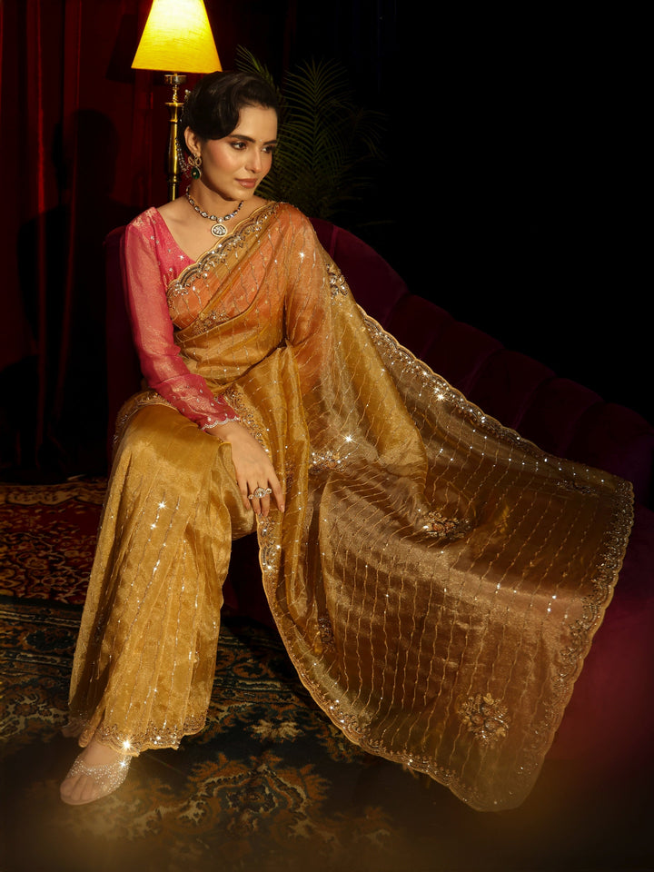 Libas Art Mustard Embellished Tissue Saree