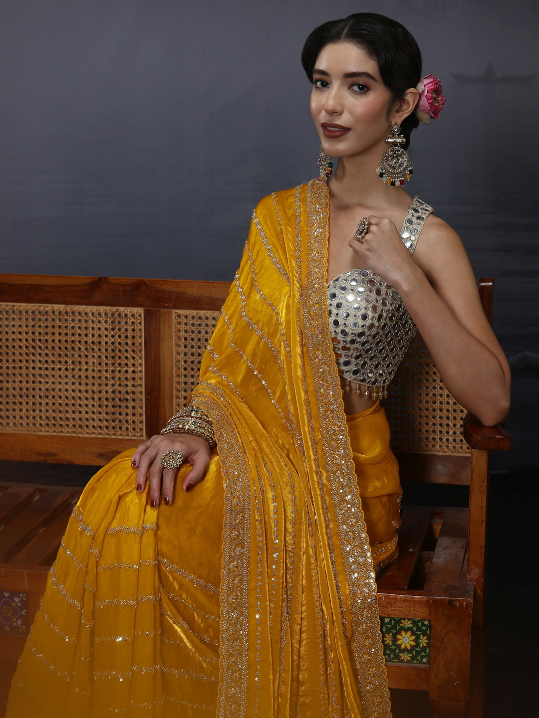 Libas Art Mustard Embellished Tissue Saree