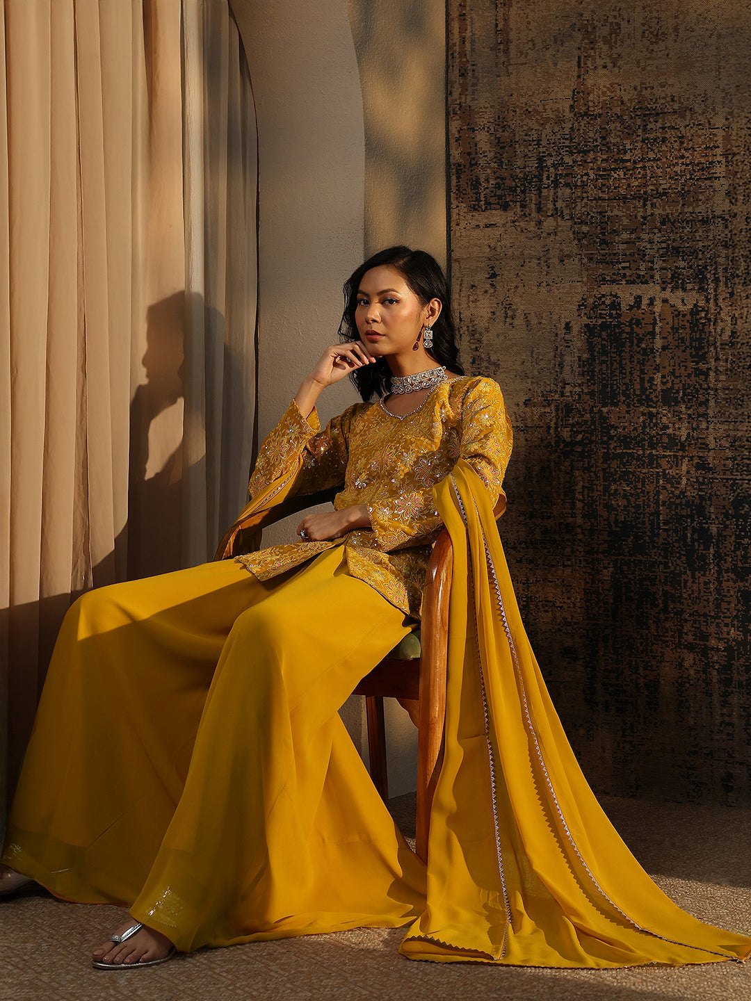Libas Art Mustard Embroidered Georgette A-Line Suit Set With Dupatta