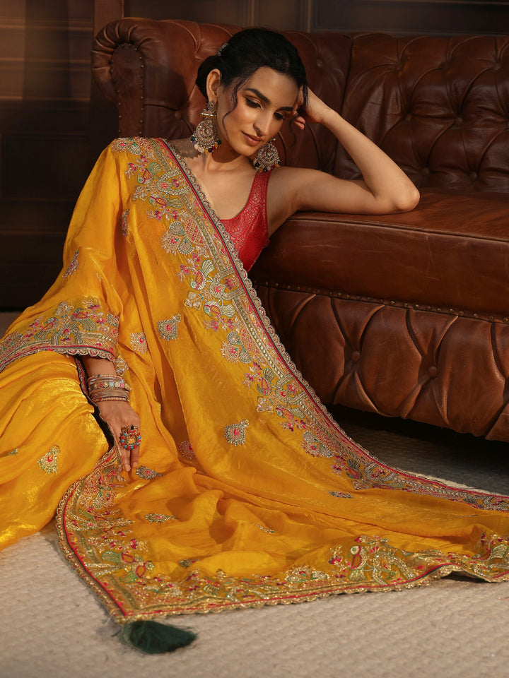 Libas Art Mustard Ethnic Embroidered Tissue Saree