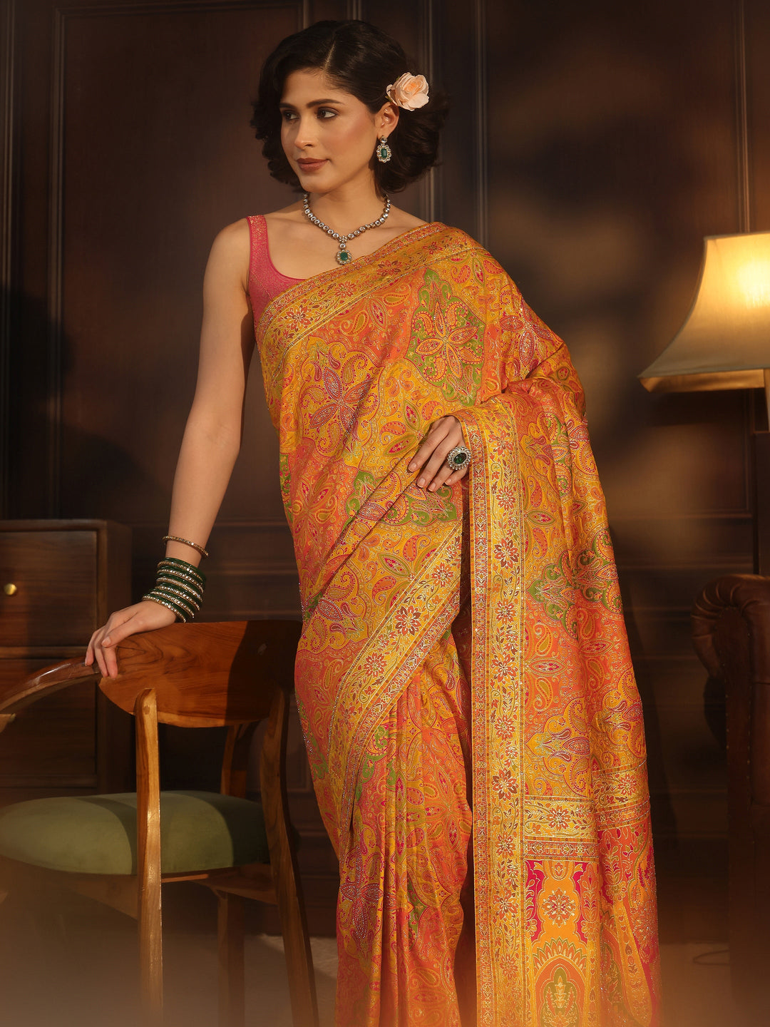 Libas Art Mustard Ethnic Woven Design Silk Blend Saree