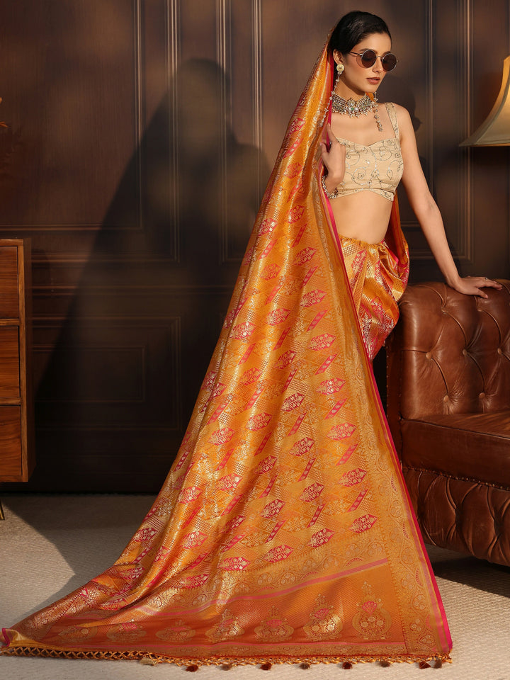 Libas Art Mustard Ethnic Woven Design Silk Blend Tassel Saree