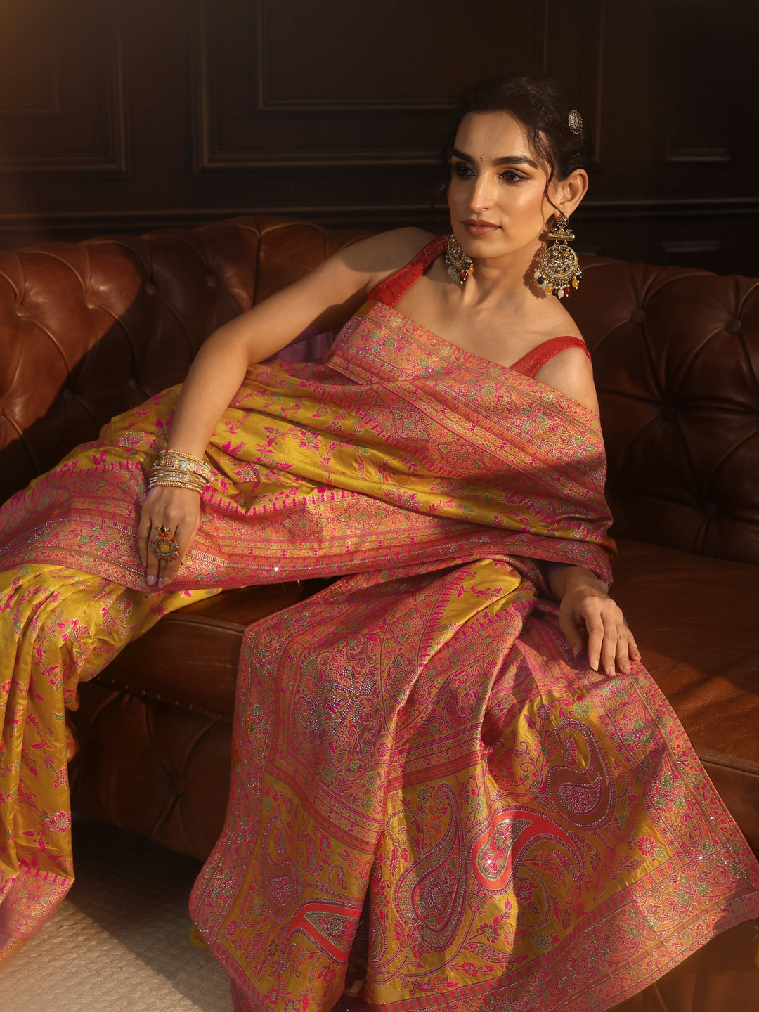 Libas Art Mustard Floral Design Embellished Silk Blend Saree