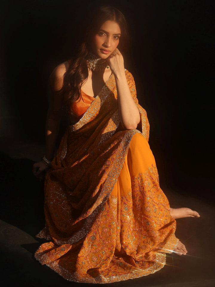 Libas Art Mustard Floral Embellished Georgette Saree