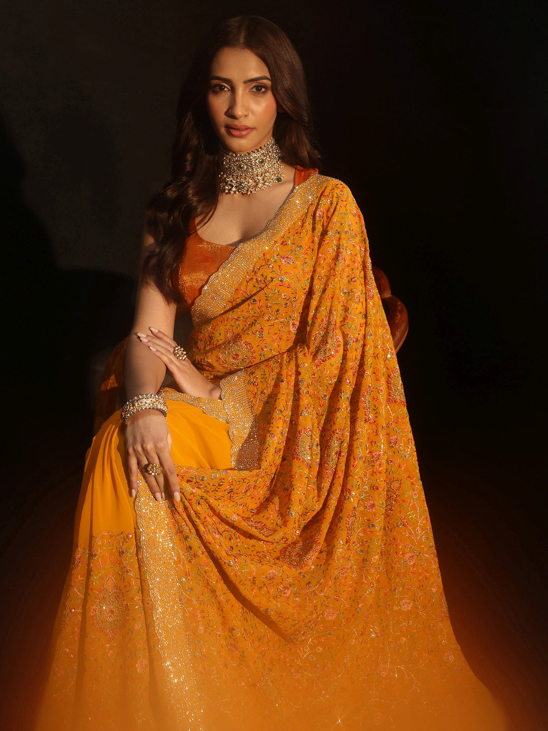 Libas Art Mustard Floral Embellished Georgette Saree