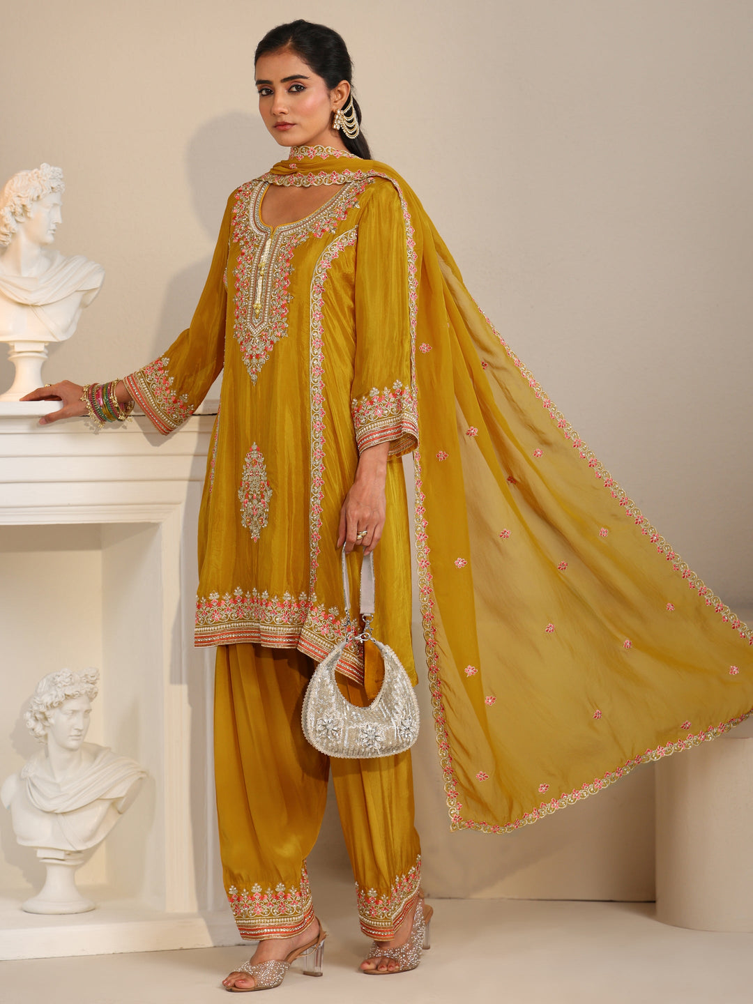 Libas Art Mustard Floral Embellished Organza Straight Suit Set