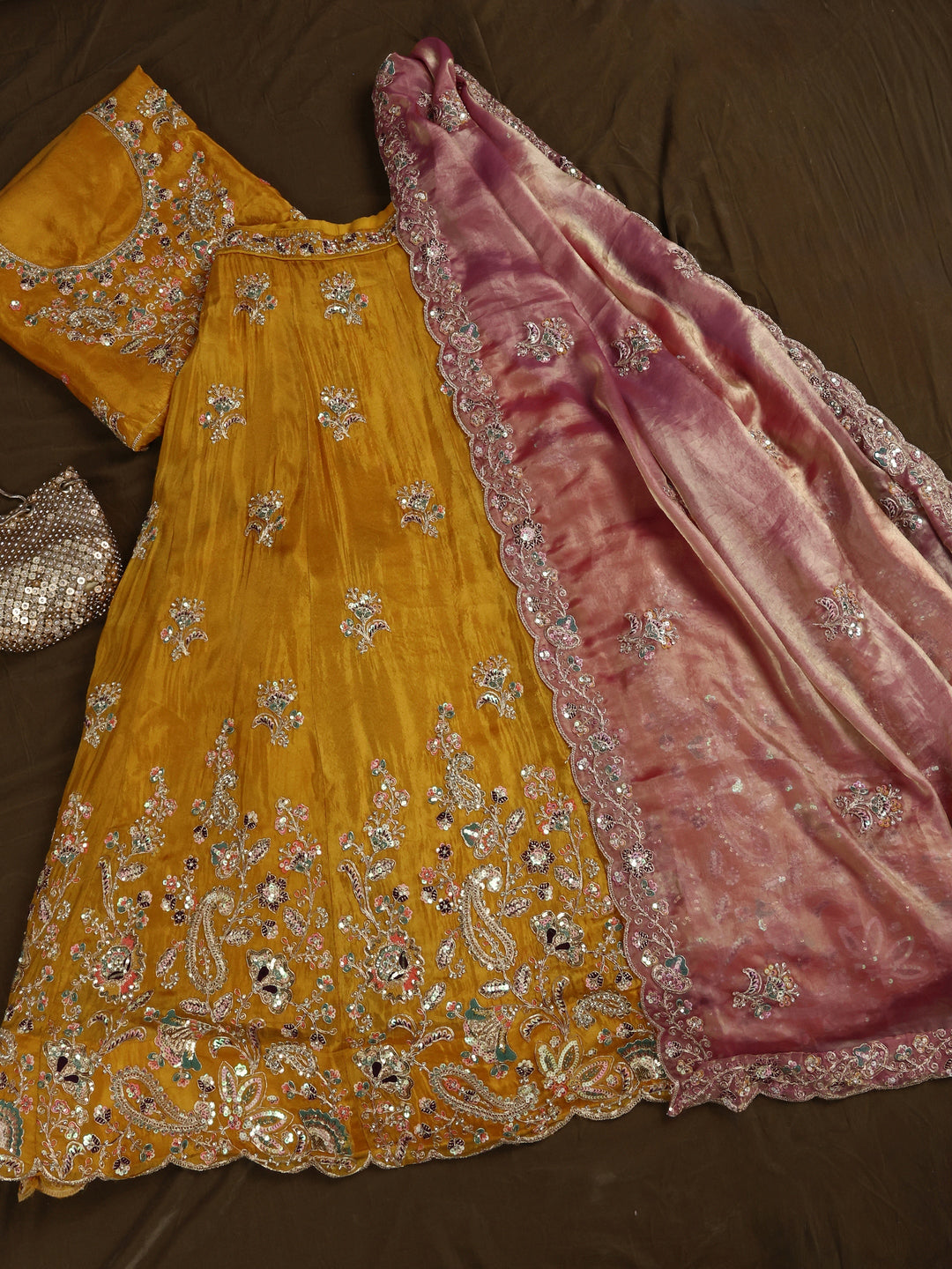 Libas Art Mustard Floral Embellished Silk Blend Semi-Stitched Lehenga Choli